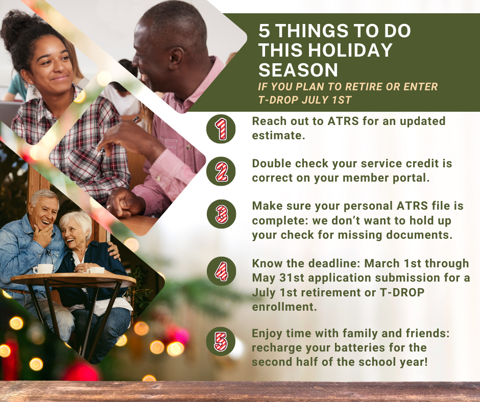 Five things to do this holiday season if you plan to retire or enter T-DROP July 1st